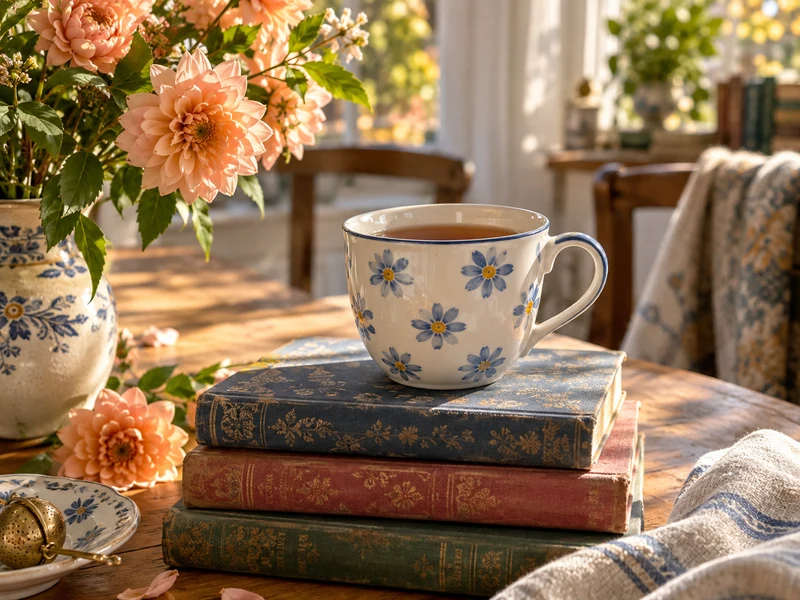 Blumentasse, Bücher und warmes Nachmittagslicht