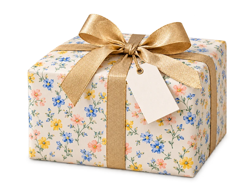 Florales Geschenk mit goldener Schleife