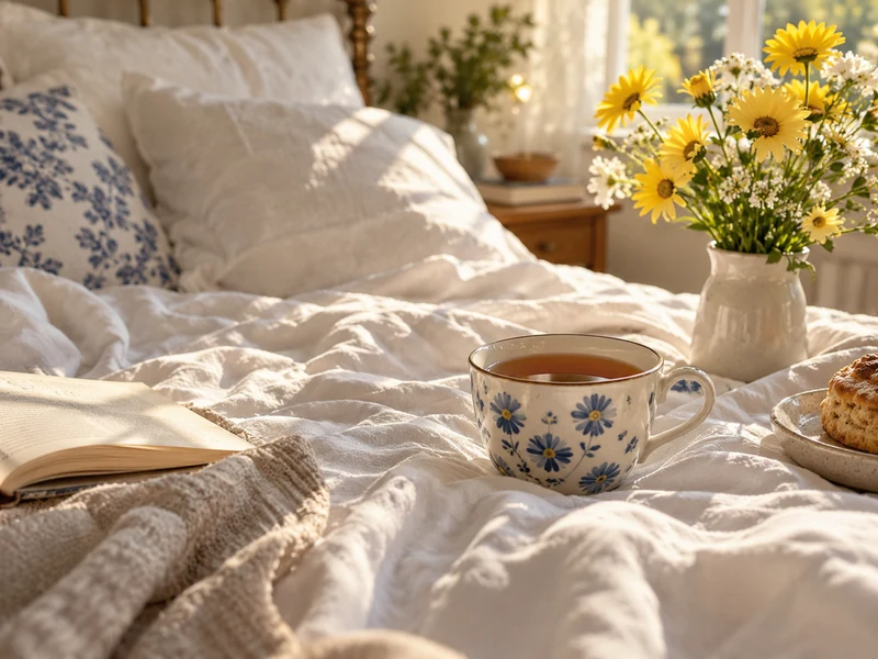 Tee und Blumen am sonnigen Bett