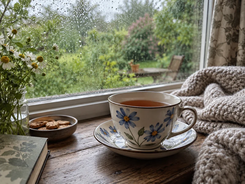 Tee am Fenster an einem Regentag